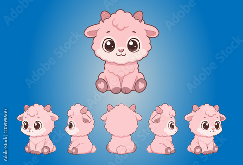 Cute pink baby sheep character turnaround sheet with front back side and three-quarter views. Adorable kawaii vector mascot with small horns fluffy wool and large expressive eyes on blue background.