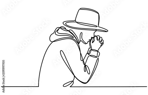 Quadro su tela Continuous single line drawing of a person wearing a hat praying with hands toge
