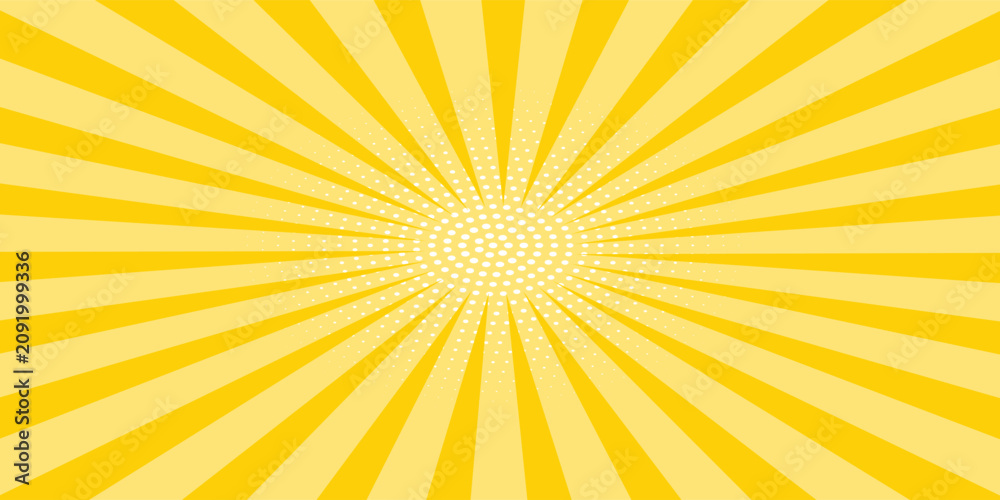 Fototapeta premium Yellow abstract background with light of sunburst. yellow starburst with halftone. sun ray retro background with flash