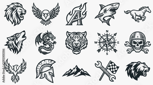 Bild auf Leinwand Dynamic Black and White Collection of 15 Unique Mascot and Symbol Logos for Team