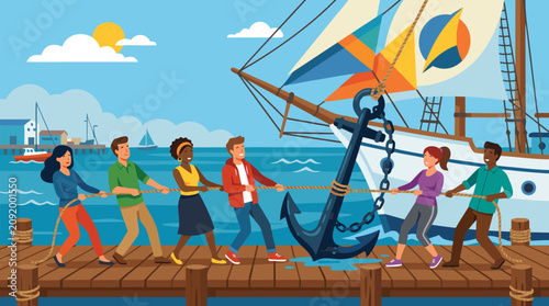 Diverse team of professionals pulling heavy anchor together on wooden dock beside sailboat symbolizing startup launch teamwork unity effort determination business success flat cartoon vector