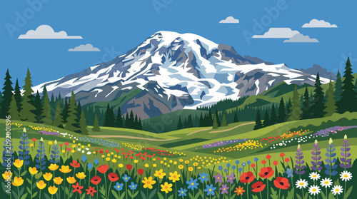 Majestic snow capped mountain peak towering above vibrant colorful summer wildflower meadow with green hills pine forests blue sky and fluffy clouds in stunning natural landscape vector illustration
