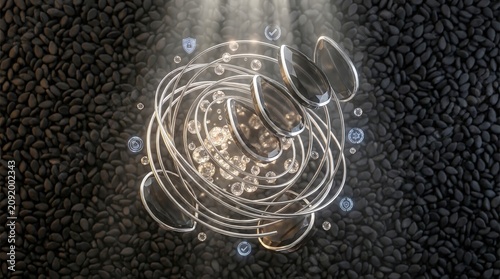 Luxury nutritional HUD interface with platinum rings and crystal data icons on black sesame seed background