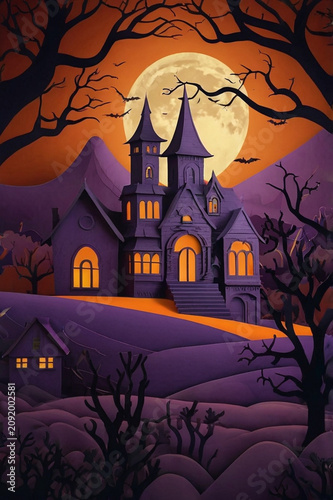 Spooky paper cut haunted church under full moon with Halloween night landscape