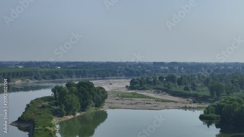 Po river dry riverbed and low water levels revealing sandy beaches between Cremona and Piacenza, highlighting effects of heatwave and climate change