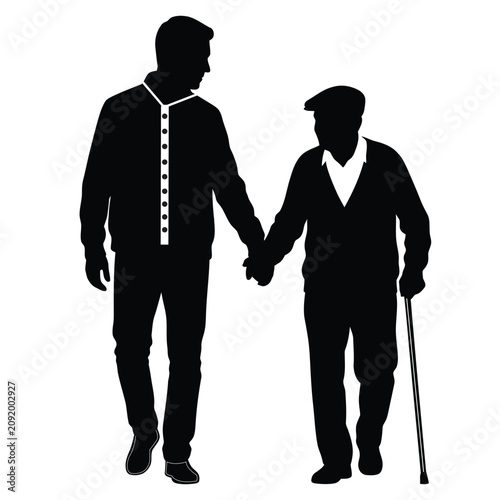 Silhouette of a young man holding hands and walking with an elderly man using a cane