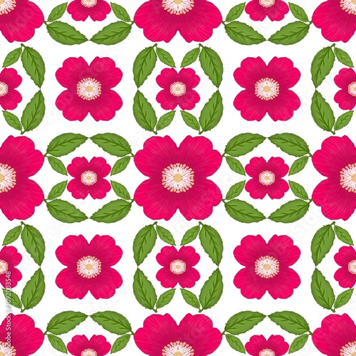 Red flowers and green leaves seamless pattern elements designed for background, wallpaper, decorating, fabric, wrapping, clothing, textiles, tiles, carpet, embroidery designs.