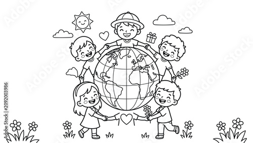 Happy children holding hands around planet earth globe cartoon coloring page illustration on simple cartoon Coloring Page for kids.