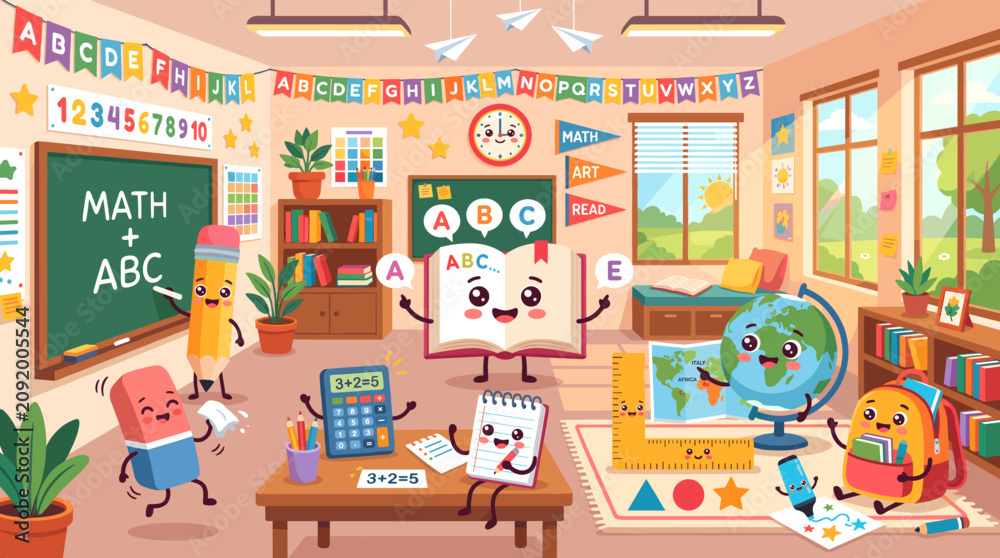 Naklejka premium Students get ready to learn and have fun back to school in a colorful classroom with educational tools and decorations.