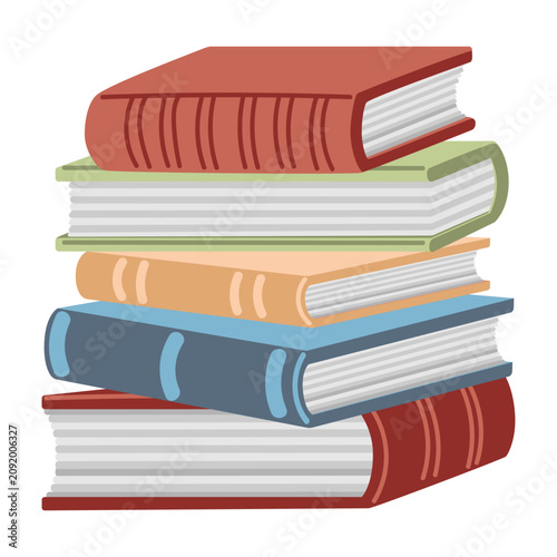 A stack of different books. Hand drawn flat vector. School library. Reading text. Textbook, literature. Notepad. Study. Color illustration.