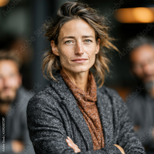 Woman stands with arms crossed, calm expression. Soft lighting highlights her natural, tousled hair. Warm-toned scarf contrasts with textured dark cardigan. Background figures blurred