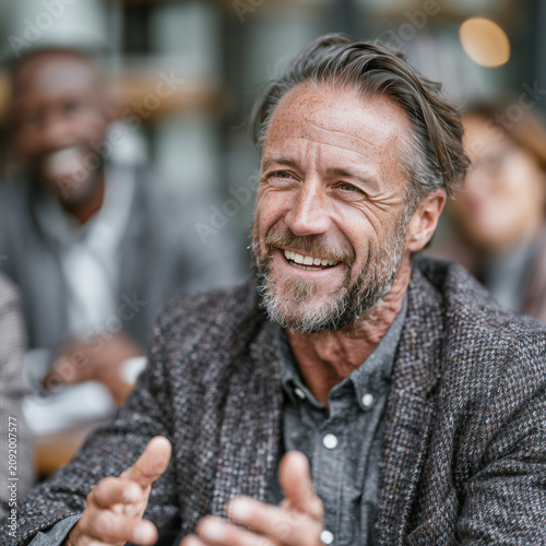Warm smile lights up a man's face. He gestures with hands, engaged in conversation. Soft focus background blurs other people. Casual setting suggests a relaxed social gathering