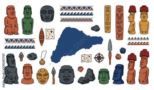 Schilderij op canvas Easter Island travel collection with moai statues and rapa nui cultural elements