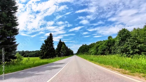 Asphalt road running through lush green trees under a bright blue sky with white clouds