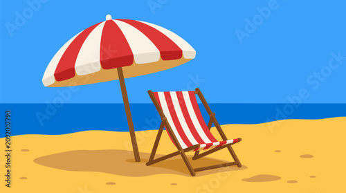 Vibrant vector illustration of red white striped beach umbrella shading wooden folding chair on golden morning sand with sparkling ocean waves clear blue sky tropical paradise summer vacation