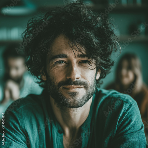 Cozy cafe with warm, green-tinted lighting. Man with dark curls and beard smiles softly. Background figures blur, creating depth and calm. Ideal for lifestyle, travel, or quiet moment imagery