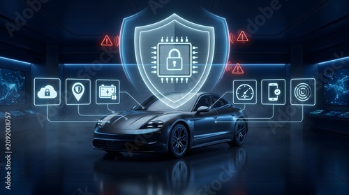 Automotive cybersecurity and smart vehicle data protection concept with padlock shield over modern electric car