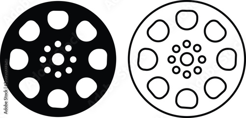 Film reel icon set. Black movie reel icon in vintage style. Old retro reel with film strip flat or line vector collection isolated on transparent background. Photographic, Curved film strip PNG.