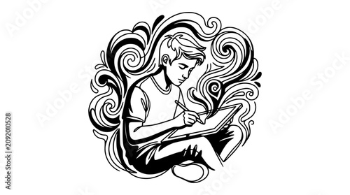 Young artist drawing on tablet with swirling creative patterns, illustration