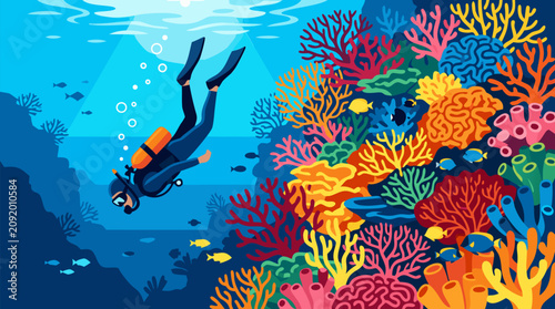 Fotografía Adventurous scuba diver descending gracefully past a spectacular vertical wall o