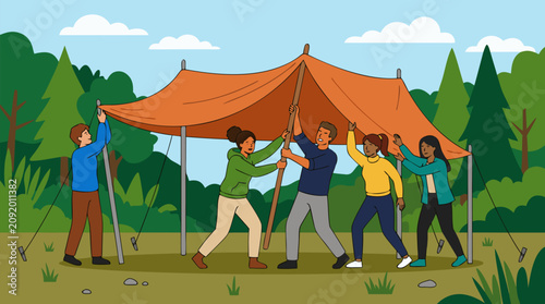 Cuadro en lienzo Diverse group of people collaborating to set up orange tent canopy outdoors in f