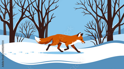 Fotografie Red fox trotting across snowy winter landscape with bare trees and footprints in