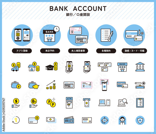 銀行・金融のアイコン。口座開設までの流れ。Banking and finance icons.