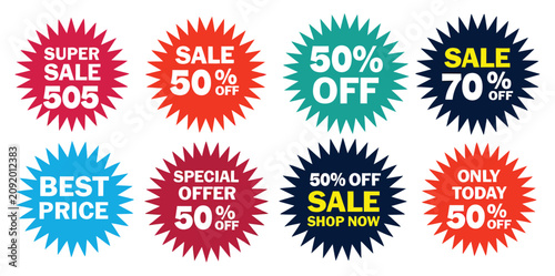 Konstfotografi Assorted Colorful Starburst Sale and Discount Badges with Best Price Offer Label