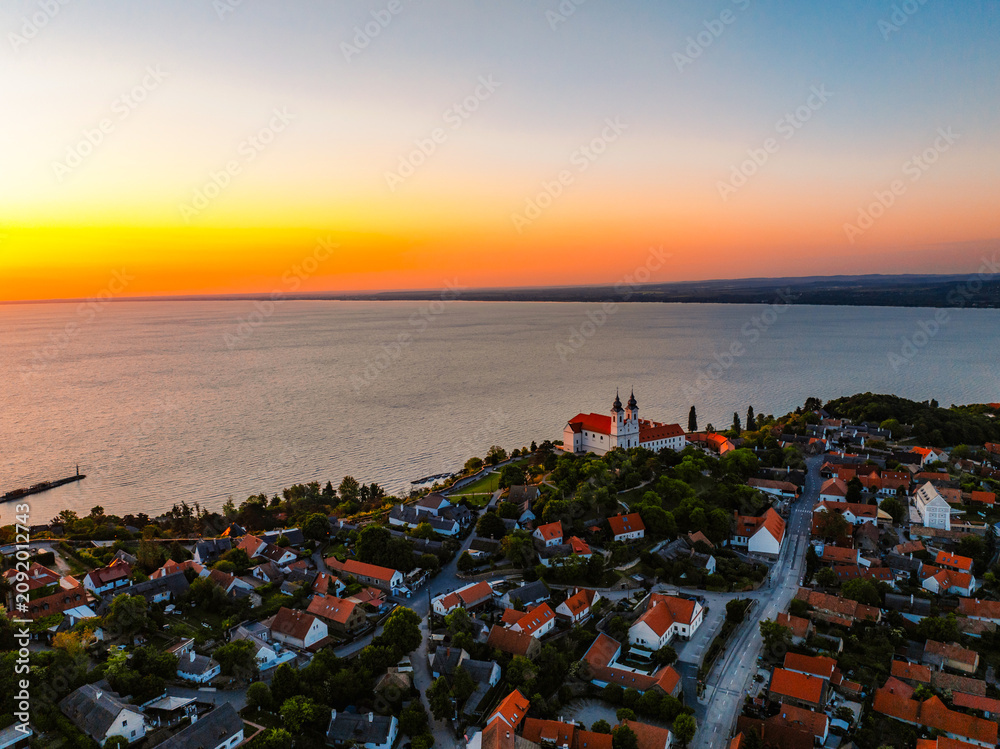 Obraz premium Tihany in Hungary. Benedictine Monastery of Tihany Abbey with Lake Balaton.