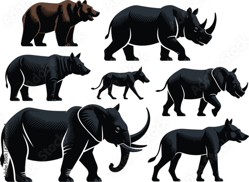 Vászonkép African wildlife collection bear rhinos elephant and wild boar engravings