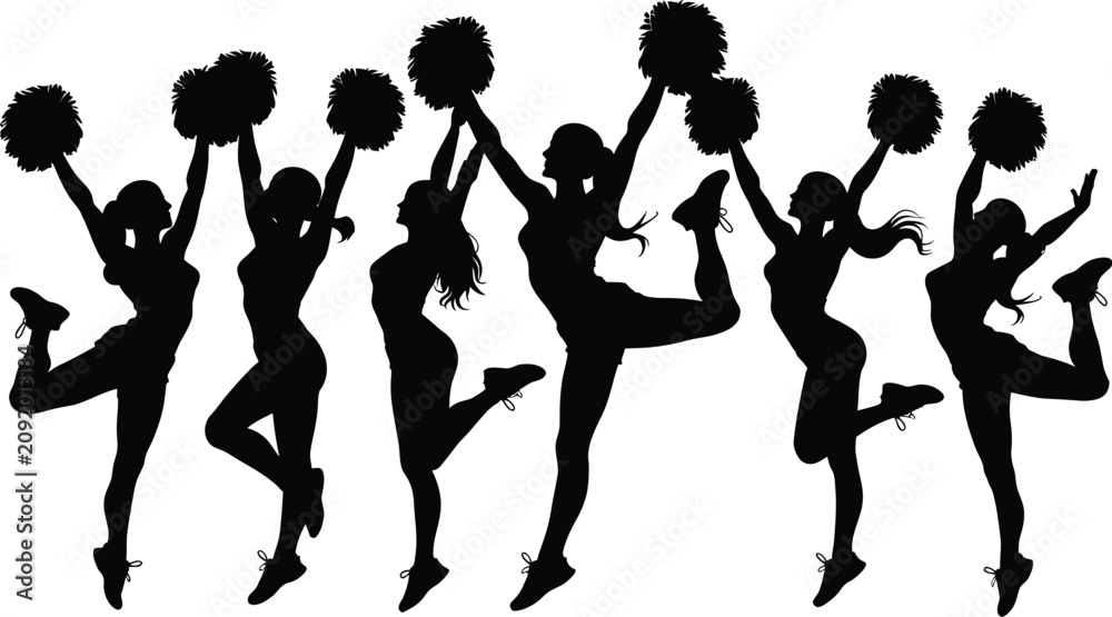 Fototapeta premium Cheerleaders silhouette group performing dynamic stunts with pom poms