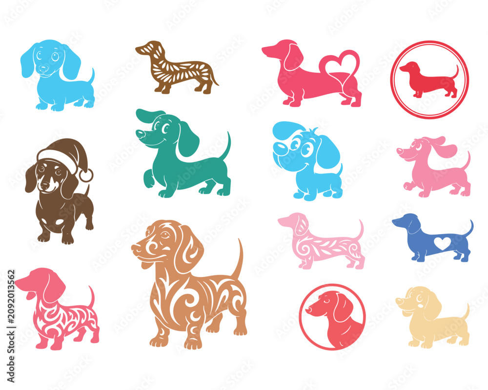 Obraz premium Seamless pattern featuring colorful Dachshund dog silhouettes and illustrations