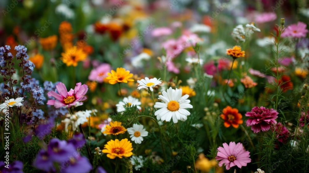 Obraz premium Vibrant Field of Wildflowers Blooming Under Bright Sunlight Showcasing a Colorful Variety of Petals and Green Foliage in a Picturesque Natural Setting