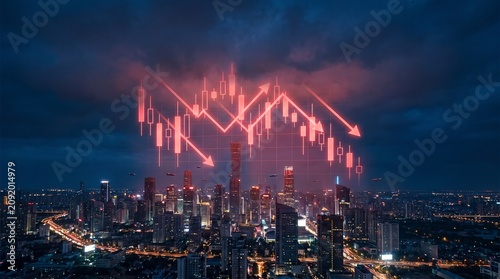 Global financial crisis and stock market crash concept with red falling chart over city skyline at night