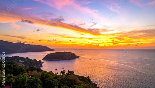 Vibrant Sunset Over Tropical Island Coastline, Andaman Sea, Thailand