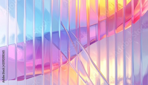 Abstract iridescent glass waves, rainbow light refraction, futuristic design