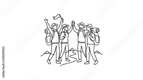 Fotografie Teamwork success: hikers celebrate reaching mountain summit with high five and f