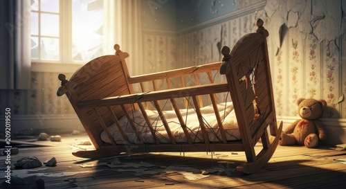 Overturned Wooden Cradle Empty in Sunlit Abandoned Room