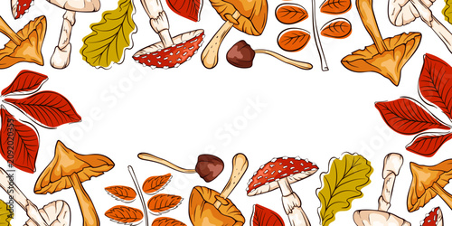 Quadro su tela Autumn natural border with mushroom and falling leaves