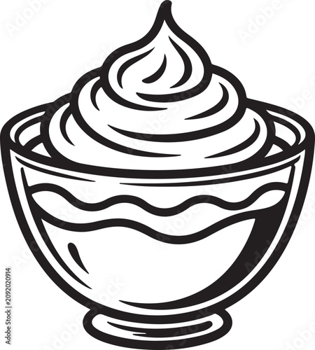 Minimalist black and white vector graphic illustration of a delicious bowl filled with whipped cream