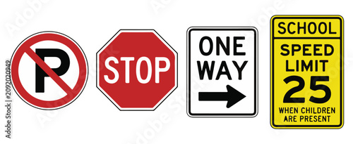 Foto Traffic Signs, Road Signs, One Way and Stop Sign, No Right Turn, School Speed Li