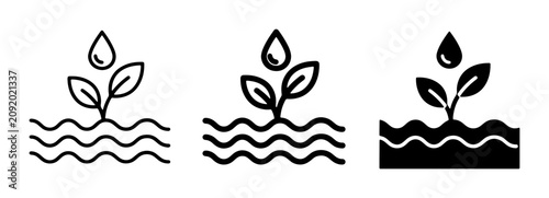 Bild auf Leinwand Plant Growth Icons: Seedling Sprout with Water Drop, Organic Farming, Agricultur