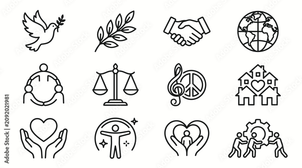 Fototapeta premium Collection of Minimalist Line Art Icons Representing Peace Harmony Community and Global Cooperation