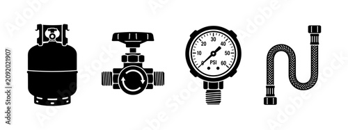 Set of Industrial Gas and Plumbing Equipment Icons Featuring Gas Cylinder Valve Pressure Gauge and Flexible Connection Hose