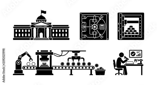 Black and white infographic icon set featuring industrial manufacturing processes alongside banking facilities and financial asset management security