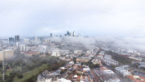Aerial shot of fog over Perth city, Western Australia from East Perth