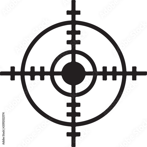 Minimalist black and white vector graphic illustration showing a simple circular crosshair target aiming icon design