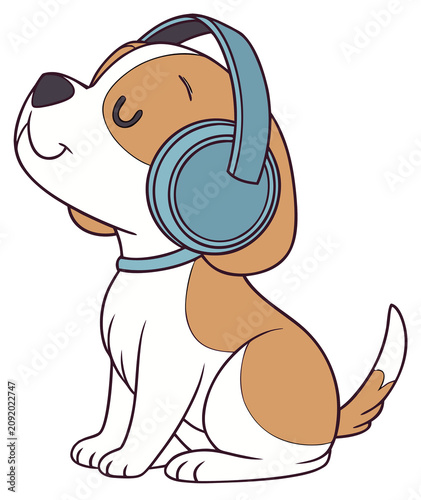 The Beagle puppy is listening to music through a speaker.