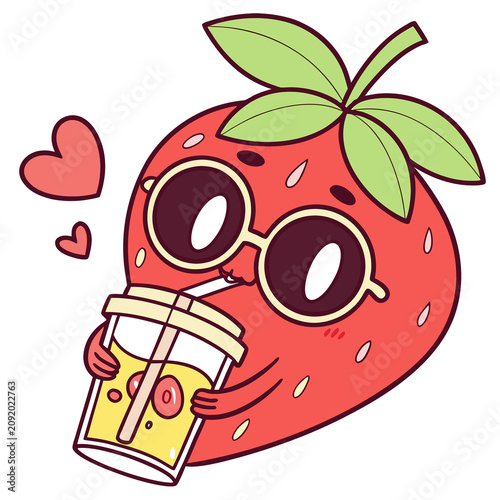 The cute strawberry is drinking water.