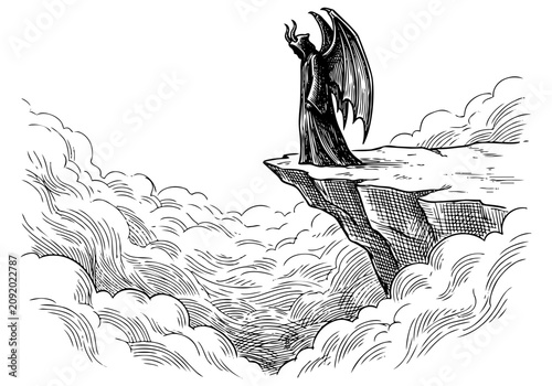 Bild auf Leinwand Vintage Fallen Angel Lucifer Vector Illustration Hand Drawn Winged Demon Devil M